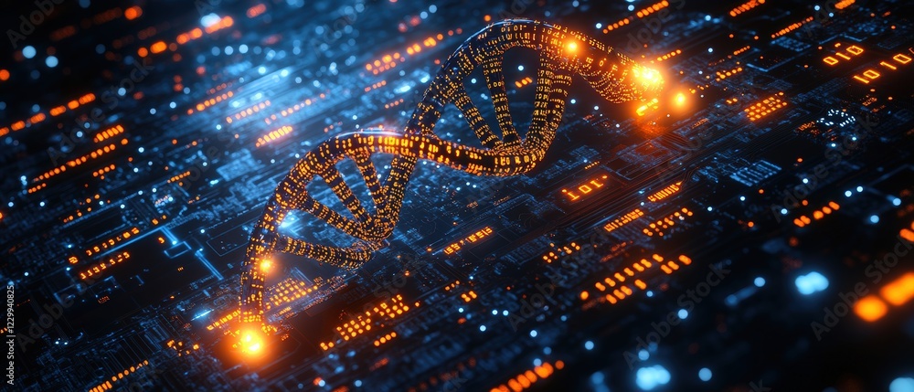 Poster dna strand on a circuit board with glowing lights in a technological background
