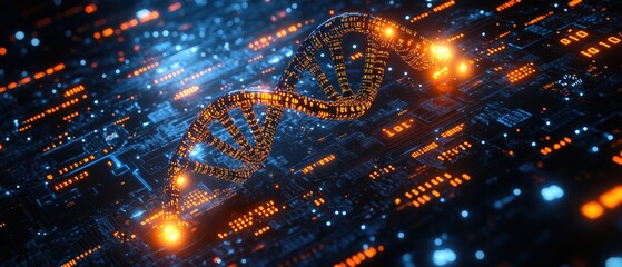 Dna strand on a circuit board with glowing lights in a technological background