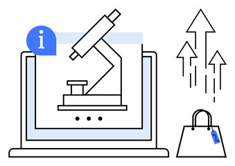 Obraz premium Microscope on laptop screen, information icon, arrows pointing up, shopping bag with tag. Ideal for e-commerce, research, growth, information marketing technology innovation. Minimalist design