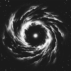 Cosmic supernova explosion forming a new galaxy in deep space with swirling dust and gas clouds forming a spiral nebula. Starburst nebula in stippling style. Dotwork. Pointillism. Dots shading. Vector