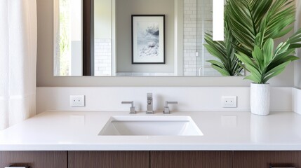 Fototapeta premium Modern Bathroom Vanity with White Countertop and Dark Wood Cabinet