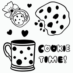 Vector doodle set of cup and cookies in retro style black line lettering for coffee shop logo, pastry shop, bakery, brand