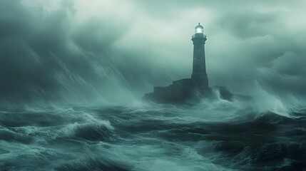 Eerie Lighthouse Amidst Dramatic Stormy Ocean Waves at Dusk