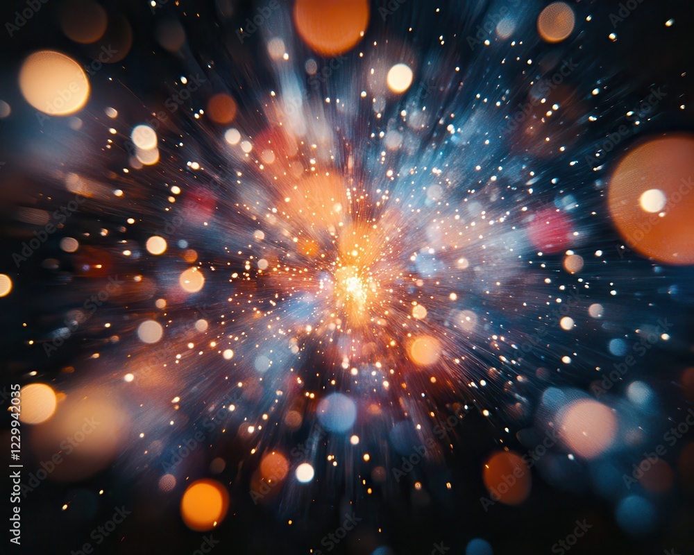 Poster abstract cosmic explosion with vibrant colors, glowing particles, and light trails creating a sense 