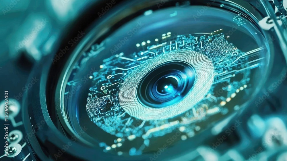 Aufkleber a close-up of a security camera lens with ai facial recognition elements on a cyan background.