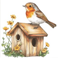 Naklejka premium Watercolor Illustration of a Robin Redbreast on a Birdhouse with Yellow Flowers