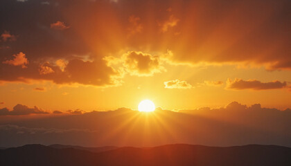 Obraz premium Breathtaking sunrise with dramatic rays of light piercing through clouds, illuminating the horizon
