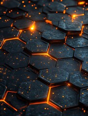 Dark futuristic hexagonal pattern, glowing orange edges, metallic surface, floating particles, 3D geometric design, sci-fi background, high contrast, detailed textures, abstract technological concept