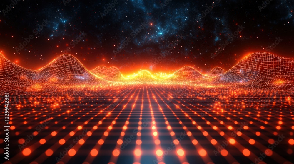 Poster abstract background design featuring glowing lines and scattered stars in a dark space environment