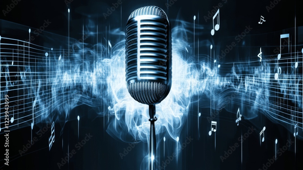 Fototapete A creative representation of a microphone surrounded by sound waves and musical notes, visually illustrating the art of sound and music creation
