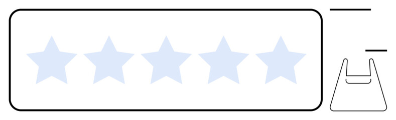 Five light blue stars inside rectangular box with thin black outline. Additional minimalist icons on right. Ideal for reviews, evaluations, quality ratings, feedback, online platforms, customer
