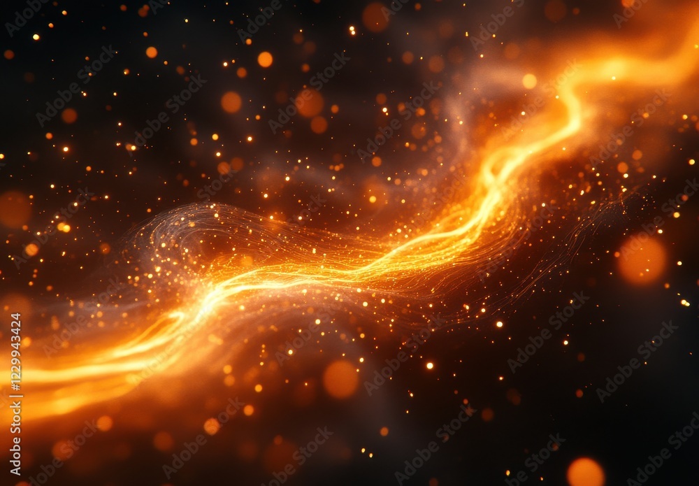 Poster abstract glowing orange wave with particles flowing through a dark background, creating a mesmerizin