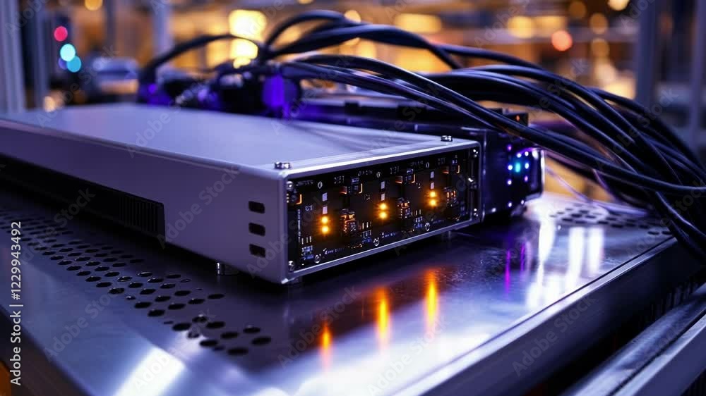 Poster closeup of a ruggedized edge server sitting in a manufacturing plant with blinking led indicators an