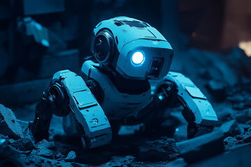 Futuristic emergency robot with glowing features navigating through rubble in a high-tech disaster response scenario