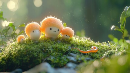 Two Adorable Stuffed Animals Resting on Lush Mossy Landscape: A Scene of Happiness and Nature