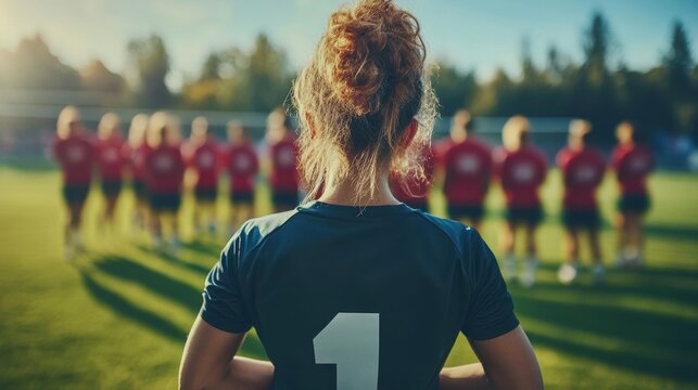 Female Athlete Leading Her Team Motivated on the Field - Powered by Adobe
