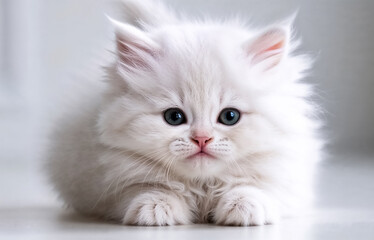 Fototapeta premium Cute fluffy fur white kitten cat beautiful muzzle kitty pretty animal pet feline portrait close-up light aesthetic wallpaper
