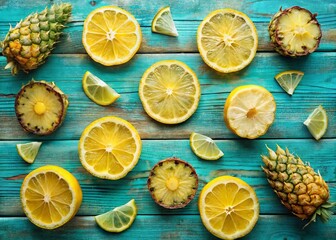 Aerial View of Pineapple, Lemon Slices & Weathered Turquoise Wood