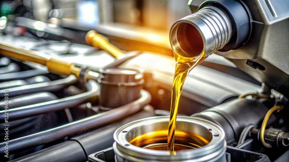 Poster a close-up of engine oil being poured into a car's engine, showcasing the shiny liquid and mechanica