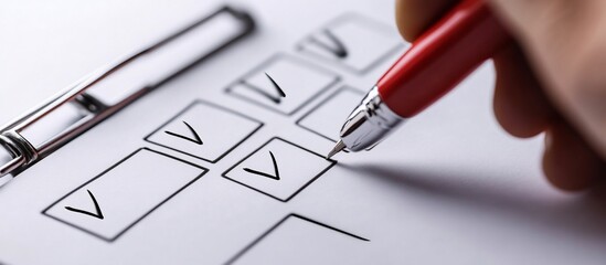 Checklist Completion: A Close-Up View of a Red Pen Marking Checkboxes on a Paper Checklist, Symbolizing Task Management, Organization, and Progress