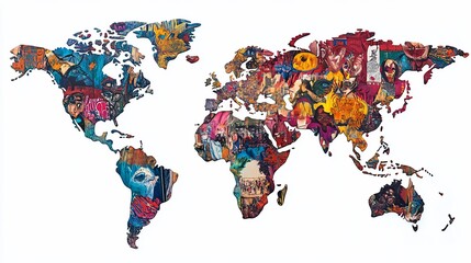 Obraz premium Global Art Collage: A World Map of Vibrant Cultures and Artistic Expressions
