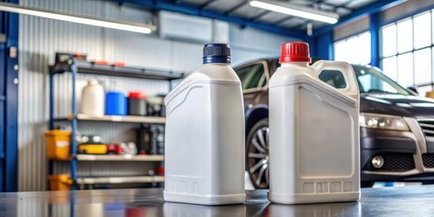 Two bottles of automotive fluids are prominently displayed in a garage, with tools and a car in the background, highlighting an organized workspace.