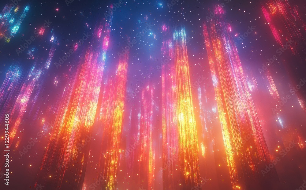Poster abstract light rays with brilliant colors illuminating a dark background, creating a dreamy and ench