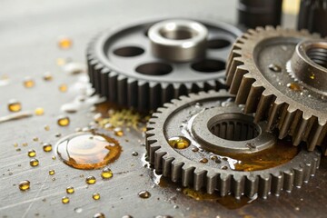 A close-up of interlocking metal gears surrounded by oil droplets on a metallic surface, showcasing mechanical precision and industrial aesthetics.