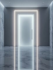 Minimalist design showcases glowing emergency exit amidst sleek marble walls and polished floor in modern indoor setting