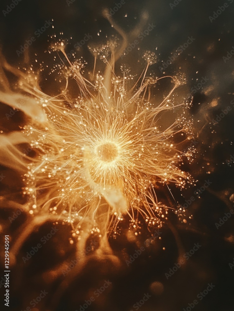 Poster abstract representation of glowing organic forms with intricate details and luminous tendrils on a d