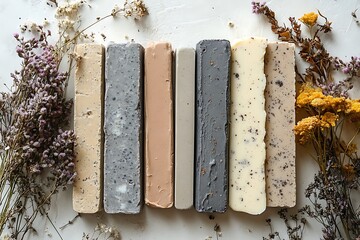 Seven bars of natural handmade soap with dried flowers
