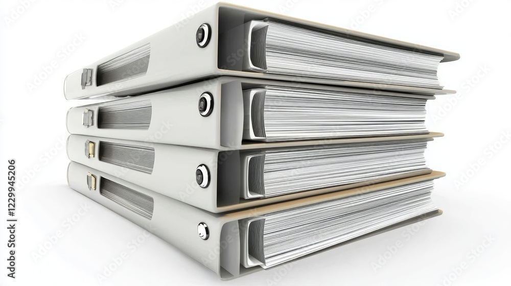 Poster a collection of neatly stacked binders and folders labeled with financial documents.