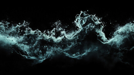 Obraz premium surrealistic wave of white and cyan smoke against black background, creating dramatic and ethereal atmosphere. fluid motion evokes sense of mystery and depth