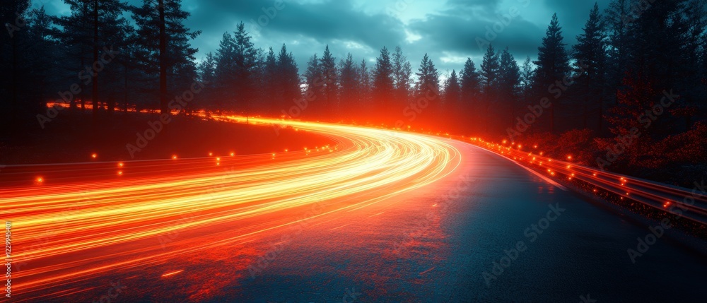 Poster long exposure photograph of a road with car light trails creating dynamic patterns at night