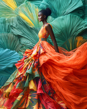 Luxury Fashion Portrait of Elegant Black Woman in Flowing Orange Dress, Luxury Fashion Concept in Luxury Fashion Editorial &ndash; Luxury Fashion Photography with Vibrant Textiles