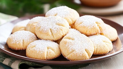 Fototapeta premium Round Sugar Cookies with Powdered Sugar on Brown Plate