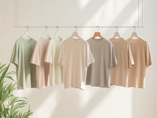 Pastel hanging t-shirts display modern home fashion photography light-filled room minimalist view trendy style