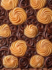 A beautifully arranged display of swirled chocolate and caramel confections, showcasing intricate designs in a rich, indulgent pattern.