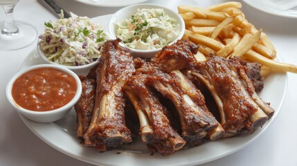 A delicious platter of fried pork ribs with a side of fries and coleslaw, beautifully arranged on a white tablecloth, inviting diners to enjoy a hearty meal.