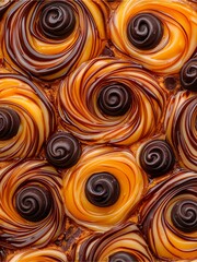 A close-up image showcasing intricate swirls of caramel and chocolate, creating a visually stunning and delicious pattern.