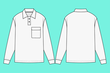  Mens long sleeve button down polo shirt template. Front and back views.