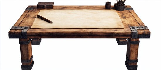 Rustic Wooden Desk with Antique Paper and Writing Utensils