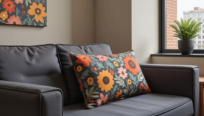 Vibrant floral pillow on modern couch in sunny living room, decor
