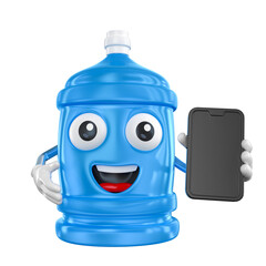 Modern Water Gallon Mascot Holding a Smartphone in 3D Render with transparent background
