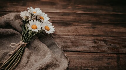 Obraz premium Fresh Daisies Wrapped in Rustic Fabric on a Wooden Table Surface