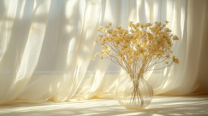 Charming yellow flowers in glass vase sunlit room still life photography cozy atmosphere soft focus
