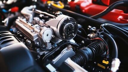 Obraz premium Close-Up of a Car Engine with Detailed Components