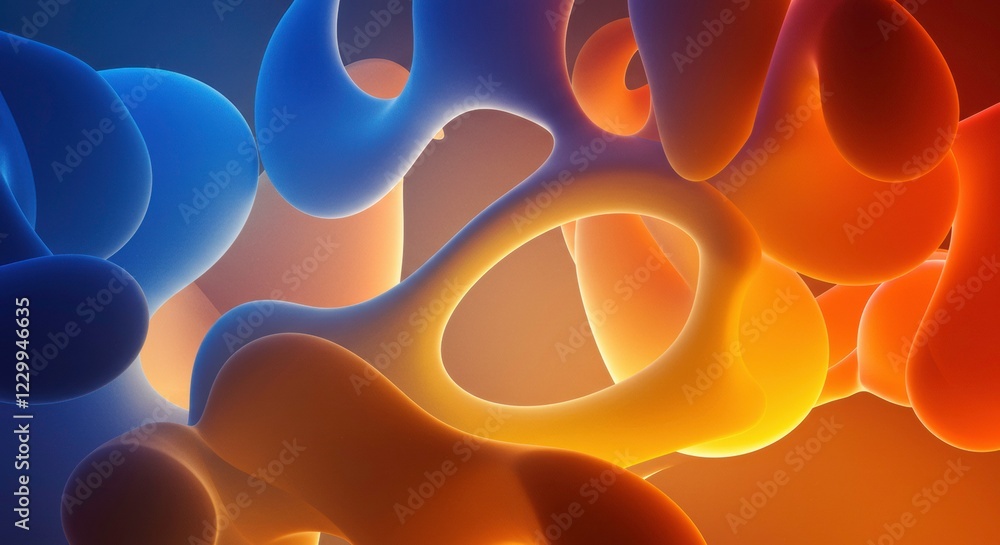 Poster abstract fluid forms: a captivating abstract digital art piece featuring vibrant blue, orange and ye