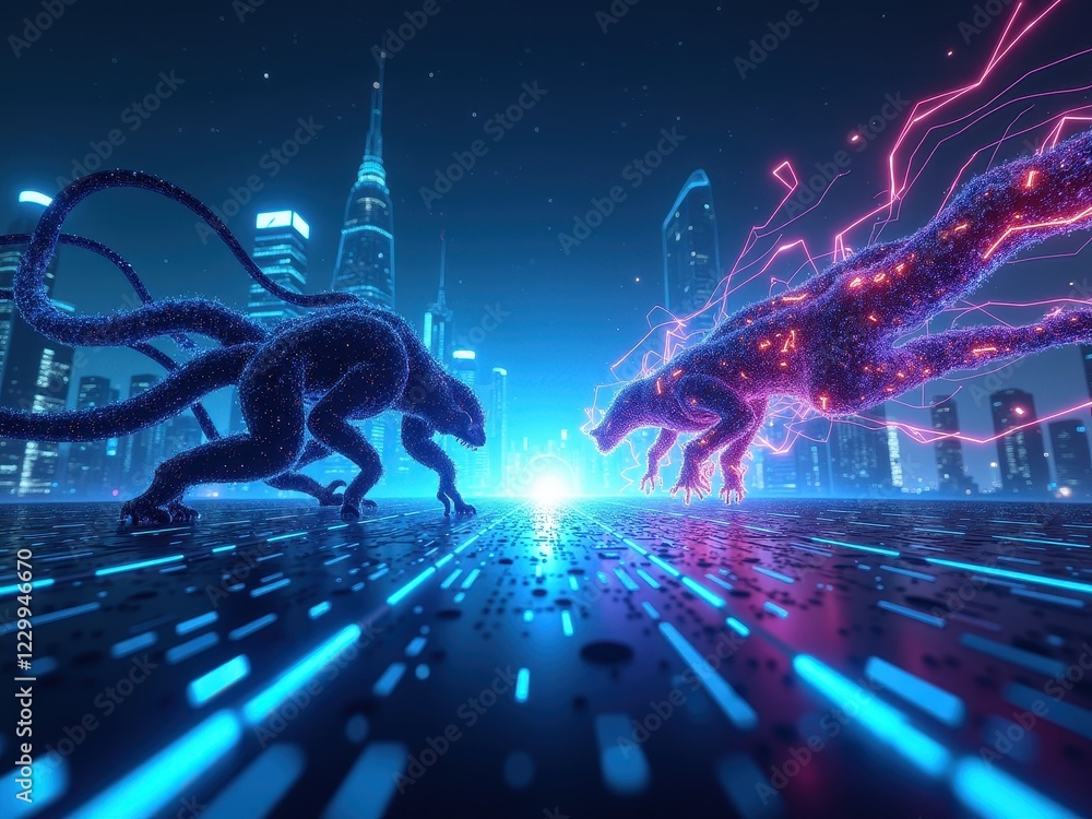 Poster ai-driven attacks and defenses depicted in a futuristic cyber city during a simulated battle between