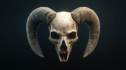 Obraz premium A detailed, artistic rendering of a ram's skull with large horn curvature against a dark backdrop, Suitable for themes of nature, death, mythology, or as a striking design element,